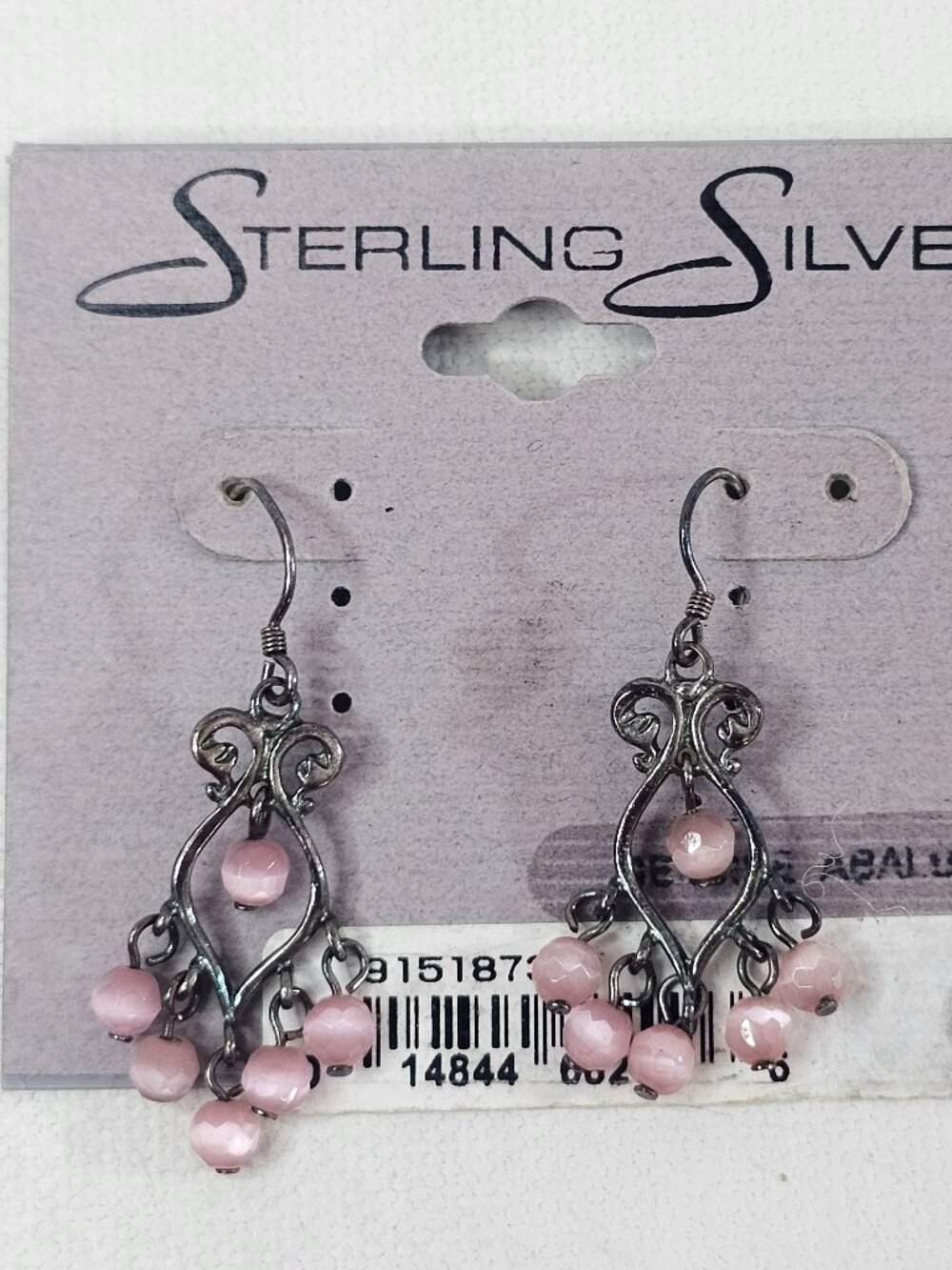 Silver 925 Dangle Chandelier Earrings Soft Pink Beads Scrollwork Jewelry
